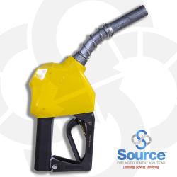 11B Series Yellow B5 Diesel Pressure-Sensing Automatic Prepay Nozzle With 3/4 Inch NPT Inlet, 2-Piece Hand Insulator, Aluminum Spout, And 2-Position Hold-Open Rack. UL2586 Listed
