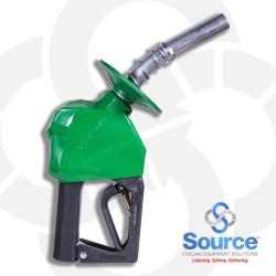 11B Series Green B20 Diesel Pressure-Sensing Automatic Prepay Nozzle With 3/4 Inch NPT Inlet, 2-Piece Hand Insulator, Aluminum Spout, Fillguard Splash Guard, And 2-Position Hold-Open Rack. UL 2586 Listed