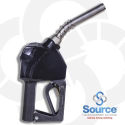 11BP Series Black E85 Ethanol Unleaded Pressure-Sensing Automatic Prepay Nozzle With 3/4 Inch NPT Inlet, 2-Piece Hand Insulator, Nickel-Plated Spout, And 2-Position Hold-Open Rack. UL2586 Listed