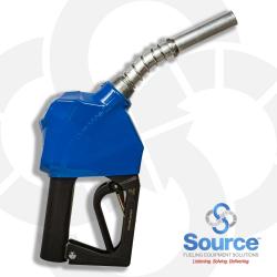 11BP Series Blue E25 Ethanol Unleaded Pressure-Sensing Automatic Prepay Nozzle With 3/4 Inch NPT Inlet, 2-Piece Hand Insulator, Aluminum Spout, And 2-Position Hold-Open Rack. UL2586 Listed