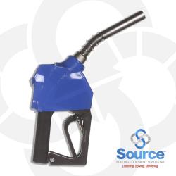 11BP Series Blue E85 Ethanol Unleaded Pressure-Sensing Automatic Prepay Nozzle With 3/4 Inch NPT Inlet, 2-Piece Hand Insulator, Nickel-Plated Spout, And 2-Position Hold-Open Rack. UL2586 Listed