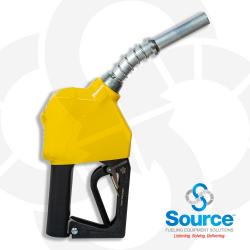 11BP Series Yellow E10 Unleaded Pressure-Sensing Automatic Prepay Nozzle With 3/4 Inch NPT Inlet, 2-Piece Hand Insulator, Aluminum Spout, And 2-Position Hold-Open Rack. UL2586 Listed