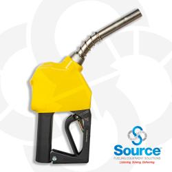 11BP Series Yellow E85 Ethanol Unleaded Pressure-Sensing Automatic Prepay Nozzle With 3/4 Inch NPT Inlet, 2-Piece Hand Insulator, Nickel-Plated Spout, And 2-Position Hold-Open Rack. UL2586 Listed