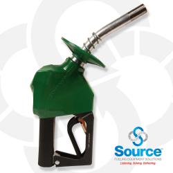 11BP Series Green E10 Unleaded Pressure-Sensing Automatic Prepay Nozzle With 3/4 Inch NPT Inlet, 2-Piece Hand Insulator, Aluminum Spout, Fillguard Splash Guard, And 2-Position Hold-Open Rack. UL 2586 Listed