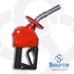 11BP Series Red E10 Unleaded Pressure-Sensing Automatic Prepay Nozzle With 3/4 Inch NPT Inlet, 2-Piece Hand Insulator, Aluminum Spout, Fillguard Splash Guard, And 2-Position Hold-Open Rack. UL 2586 Listed