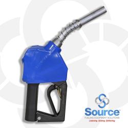 11BP Series Blue E10 Unleaded Pressure-Sensing Automatic Prepay Nozzle With 3/4 Inch NPT Inlet, 2-Piece Hand Insulator, Aluminum Spout, Fillguard Splash Guard, And 2-Position Hold-Open Rack. UL 2586 Listed