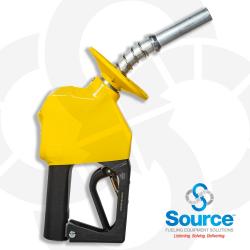 11BP Series Yellow E10 Unleaded Pressure-Sensing Automatic Prepay Nozzle With 3/4 Inch NPT Inlet, 2-Piece Hand Insulator, Aluminum Spout, Fillguard Splash Guard, And 2-Position Hold-Open Rack. UL 2586 Listed