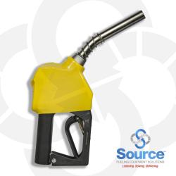 11BP Series Yellow E85 Ethanol Unleaded Pressure-Sensing Automatic Prepay Nozzle With 3/4 Inch NPT Inlet, 2-Piece Hand Insulator, Nickel-Plated Spout, Fillguard Splash Guard, And 2-Position Hold-Open Rack. UL2586 Listed