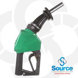 14E Series Green ECO Enhanced Dripless Conventional E10 Unleaded Gasoline Nozzle With Interlock, 3/4 Inch Inlet, 2-Piece Hand Insulator, Aluminum Spout With Stainless Tip/Teflon-Coated Inside, And Hold-Open Rack. UL/ULC Listed And CARB Certified.