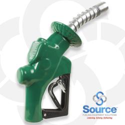 Green VIII High Volume Heavy Duty Diesel Automatic Truck Nozzle, 1 Inch Inlet, Polymer Hand Guard, Spout Bushing, Splash Guard, 3-Notch Hold Open Clip. Non-UL.