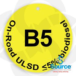 On-Road Diesel / Up To 5 Percent Biodiesel Spill Container Internal Hanging ID Tag API Color-Coded Yellow With Black B5 On-Road ULSD Up To 5 Percent Biodiesel Text