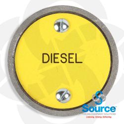 DIESEL 3 Inch Round In-Ground Cast Aluminum Tank/Product Identification Marker With Black Text On Yellow Background