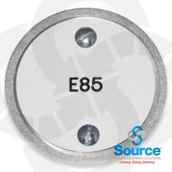 E85 3 Inch Round In-Ground Cast Aluminum Tank/Product Identification Marker With White Text On Blue Background