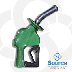 7HB Series Green Diesel/B20 Pressure-Sensing Automatic Prepay Nozzle With 1 Inch NPT Inlet  Splash Guard  1-Piece Hand Insulator  Aluminum Spout With Spout Ring  And 3-Position Hold-Open Rack. UL 2586 Listed.