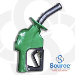 7HB Series Green Diesel/B5 Pressure-Sensing Automatic Prepay Nozzle With 1 Inch NPT Inlet  Splash Guard  1-Piece Hand Insulator  Aluminum Spout With Spout Ring  And 3-Position Hold-Open Rack. UL 2586 Listed.