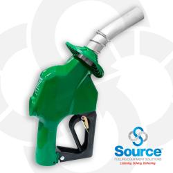 7HB Series Green Diesel/B20 Pressure-Sensing Automatic Prepay Nozzle With 1 Inch NPT Inlet  Splash Guard  1-Piece Hand Insulator  Aluminum Spout  And 3-Position Hold-Open Rack  Without Spout Ring. UL 2586 Listed.