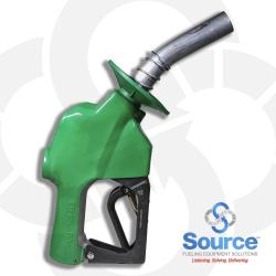 7HB Series Green Diesel/B5 Pressure-Sensing Automatic Prepay Nozzle With 1 Inch NPT Inlet  Splash Guard  1-Piece Hand Insulator  Aluminum Spout  And 3-Position Hold-Open Rack  Without Spout Ring. UL 2586 Listed.