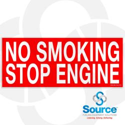 10 Inch Wide x 4 Inch Tall No Smoking Stop Engine Vinyl Warning Decal With White Text On Red Background