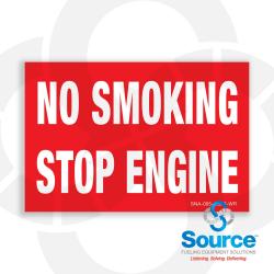 4-1/2 Inch Wide x 3 Inch Tall No Smoking Stop Engine Vinyl Warning Decal With White Text On Red Background