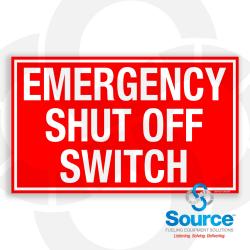 10 Inch Wide x 6 Inch Tall Emergency Shut Off Switch Vinyl Decal With White Text On Red Background