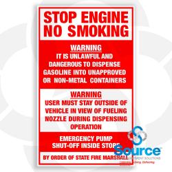 8-1/2 Inch Wide x 14 Inch Tall Stop Engine No Smoking Warning Vinyl Decal With Red And White Text On Red And White Background