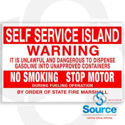 13 Inch Wide x 8-1/2 Inch Tall Self Service Island Warning Vinyl Decal With Red Text On White Background