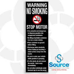 6-1/2 Inch Wide x 20-1/2 Inch Tall Warning No Smoking Stop Engine Island Vinyl Decal With White Text And No Smoking Symbol On Black Background