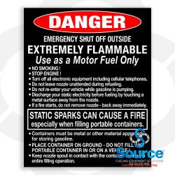 4 Inch Wide x 5 Inch Tall Danger Emergency Shut Off Vinyl Decal With White Text On Black Background