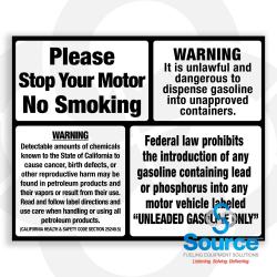 8-1/2 Inch Wide x 10-1/2 Inch Tall Please Stop Your Motor No Smoking Prop 65 Vinyl Decal With Black Text On White Background