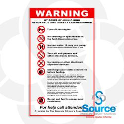 6 Inch Wide x 10 Inch Tall Georgia Warning Turn Off Engine Vinyl Decal With Black And Red Text On White Background