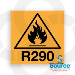 2-1/2 Inch Wide x 2-1/2 Inch Tall R290 Warning Decal With Black Text On Orange Background