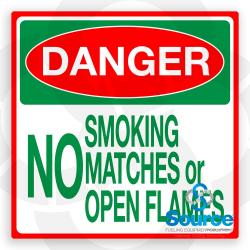 10 Inch Wide x 10 Inch Tall Danger No Smoking Matches Or Open Flames Vinyl Decal With Green Text On Red And White Background