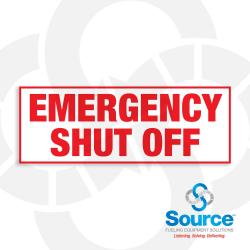 5-1/2 Inch Wide x 2 Inch Tall Emergency Shut Off Vinyl Decal With Red Text On White Background