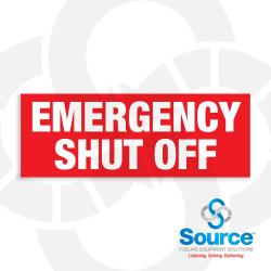 5-1/2 Inch Wide x 2 Inch Tall Emergency Shut Off Vinyl Decal With White Text On Red Background