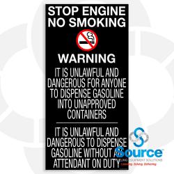 10 Inch Wide x 20 Inch Tall Stop Engine No Smoking Warning Vinyl Decal With White Text On Black Background
