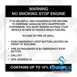 6 Inch Wide x 6 Inch Tall Warning Stop Engine No Smoking In Case Of Fire 10% Ethanol Vinyl Decal With Black Text On White Background