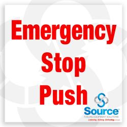 12 Inch Wide x 12 Inch Tall Emergency Stop Push Vinyl Decal With Red Text On White Background