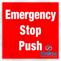 12 Inch Wide x 12 Inch Tall Emergency Stop Push Vinyl Decal With White Text On Red Background