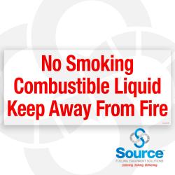 20 Inch Wide x 9 Inch Tall No Smoking Combustible Liquid Vinyl Decal With Red Text On White Background