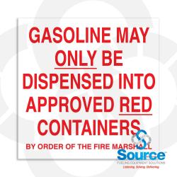 6 Inch Wide x 6 Inch Tall Gasoline May Only Be Dispensed Into Approved Containers Vinyl Decal With Red Text On White Background