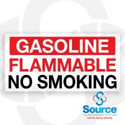 36 Inch Wide x 18 Inch Tall Gasoline Flammable No Smoking Vinyl Decal With White, Red, And Black Text On White Background