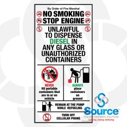 10-1/2 Inch Wide x 21-1/2 Inch Tall No Smoking Stop Engine Safety Vinyl Decal With Black Text On White Background