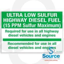 6 Inch Wide x 4 Inch Tall Ultra Low Sulfur Highway Diesel 15 PPM Vinyl Identification Decal With Green Text On White Background