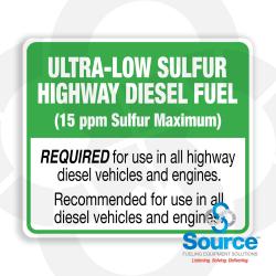 3-3/4 Inch Wide x 3-1/4 Inch Tall Ultra Low Sulfur Highway Diesel 15 PPM Vinyl Decal With Green Text On White Background
