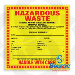6 Inch Wide x 6 Inch Tall Local/USEPA Hazardous Waste Decal With Red And Black Text On Yellow Background
