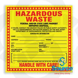 6 Inch Wide x 6 Inch Tall Local/USEPA/New Jersey Hazardous Waste Decal With Red And Black Text On Yellow Background