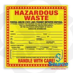 6 Inch Wide x 6 Inch Tall Local/USEPA/California Hazardous Waste Decal With Red And Black Text On Yellow Background