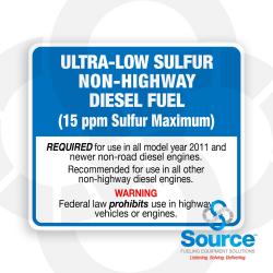 3-3/4 Inch Wide x 3-1/4 Inch Tall Ultra Low Sulfur Non-Highway Diesel 15 PPM Vinyl Decal With White Text On Blue Background