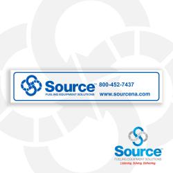 7 Inch Wide x 1-1/2 Inch Tall Source Logo Decal With Blue Text On White Background
