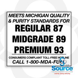 4-3/4 Inch Wide x 4 Inch Tall Michigan Fuel Quality Standards 87, 89, 93 Vinyl Decal With Black Text On White Background